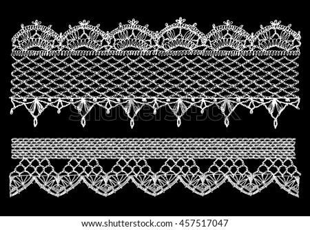 Isolated crocheted lace border with an openwork pattern. Set of isolated knitted lace borders. Vector illustration