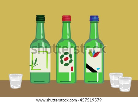 Soju is a popular distilled beverage from Korea containing ethanol and water from various plant and vegetable sources. Editable Clip Art.