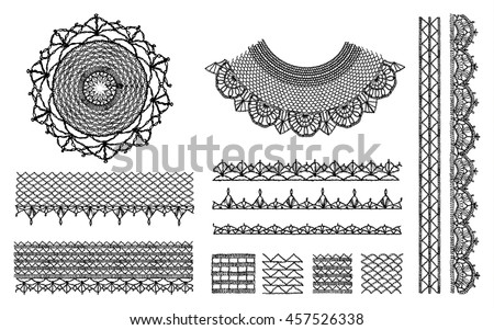 A set of knitted items, crochet doily collar neckline, handmade. Neck decoration, necklace, isolated crocheted lace border with an openwork pattern. Vector illustration. T-shirt
