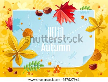 Vector illustration of macro autumn forest background with blue paper, falling leaves, rowan berry, chestnuts, maple and linden leaf, spider net with dew drops. Abstract modern concept with copy space