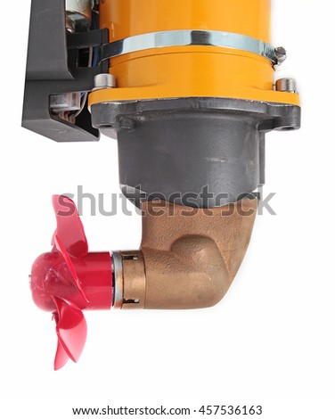 Yellow and black painted metal and brass boat thruster with red plastic six blades propeller, side low view, isolated on white