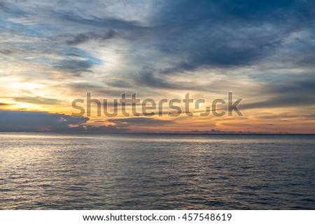 Photo of tropical sky at sunset.Seascape. Sun in the clouds over the sea. Horizontal picture