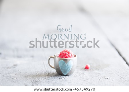 Coffee mug with raspberries and notes good morning, breakfast on Mothers day or Womens