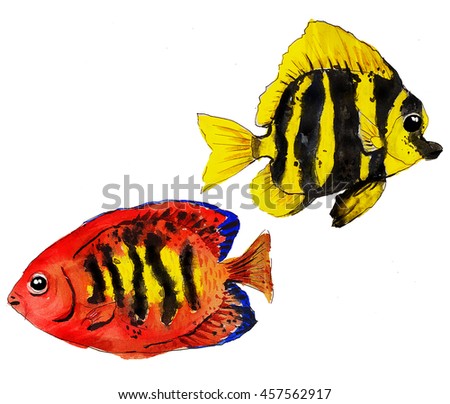 colorful tropical reef fish , watercolor
