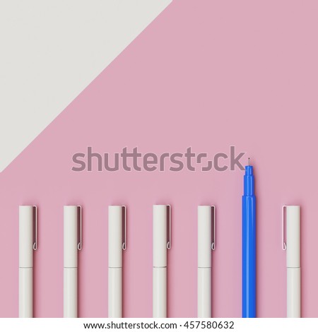 Minimal Concept : Blue pen with out cap outstanding white pen , creative concept on pink pastel cross white background, top view , flat