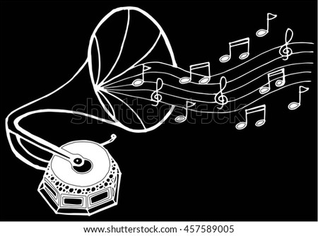 Music doodle. Set of vector music note and gramophone doodle, hand drawing