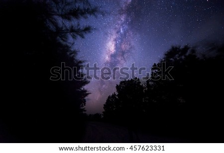 The starry sky and the Milky Way. Image contain noise, blur due to slow shutter speed and High ISO.