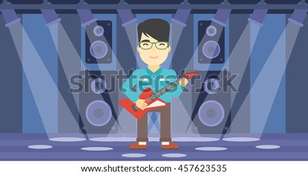 An asian young musician playing electric guitar on the stage of nightclub. Man practicing in playing guitar. Guitarist playing music. Vector flat design illustration. Horizontal layout.