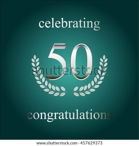 Vector illustration of Celebrating - 50 years. Silver laurel wreath on a turquoise background.