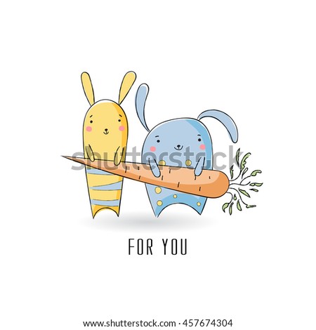 Cute rabbits with carrot, sketch illustration. Postcard or Greeting card or T-shirt graphic. Vector illustration.