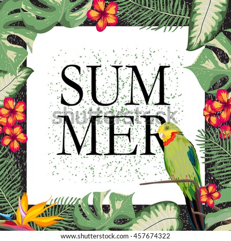Exotic Jungle Frame with parrot. Vector illustration of square card with tropical elements of decor. All elements are available under clipping mask.