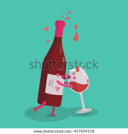 Vector illustration of comic characters amorous bottle of wine and glass of wine. Vector funny cartoon. Royalty-Free Stock Photo #457694158