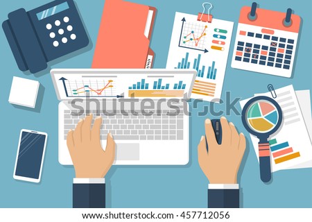 Working with financial papers. Accounting concept. Organization process, analytics, research, planning, report, market analysis. Flat style vector. Man at table with documents. Royalty-Free Stock Photo #457712056