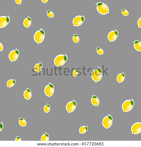 Small lemon different sizes sticker gray background. Pattern with lemon and leaves.