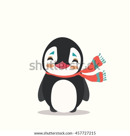 Vector icon illustration of a cute cartoon penguin with scarf isolated.