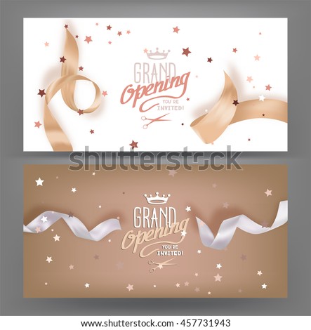 Grand opening banners with silk pastel toned ribbons. Vector illustration