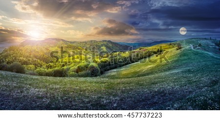 composite image of day and night concept of Idyllic view of pretty farmland rolling hills. Rural landscape near the forest in mountains. Royalty-Free Stock Photo #457737223
