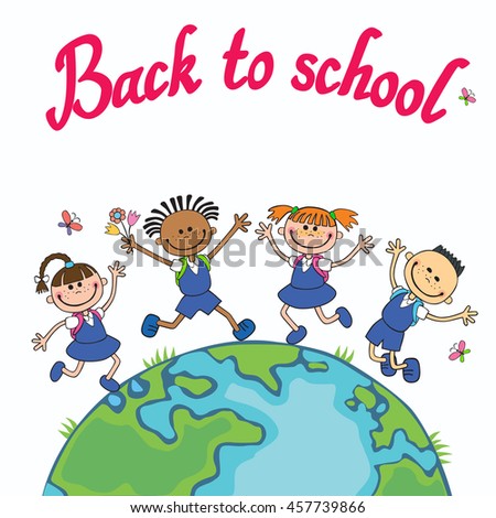 Globe kids. International friendship day. Earth day. Pupil school jumping Vector illustration of diverse Children Holding Hands.