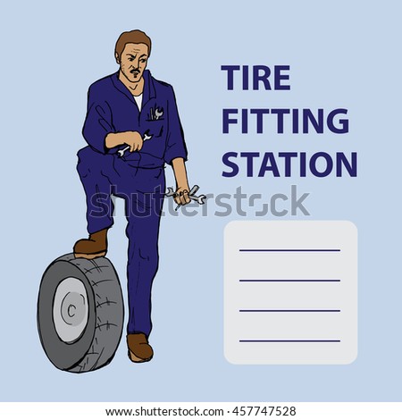 Male mechanic cartoon character. Hand drawn illustration. The fitting station. 
