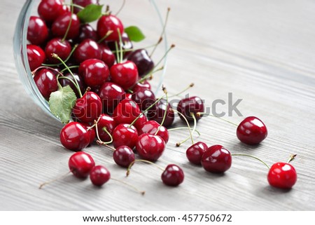 Fresh cherries in bowl on wooden table. Close up, high resolution product. Harvest Concept