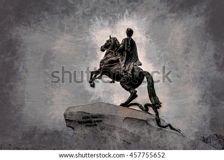 The Bronze Horseman - equestrian statue of Peter the Great in Staint-Petersburg, Russia. Vintage painting, background illustration, beautiful picture, travel texture