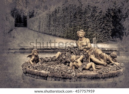 golden statue of flora in Versailles Palace garden, France. Vintage painting, background illustration, beautiful picture, travel texture