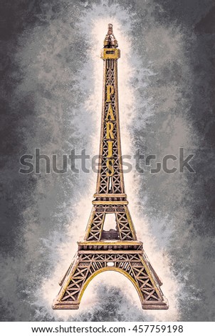 Photo of little model of Eiffel Tower. Image of travel in France and symbol of Paris. Vintage painting, background illustration, beautiful picture, travel texture