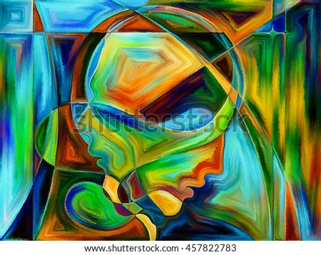 Vibrant painted design of human heads on the subject of human relationship.