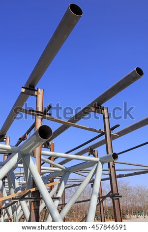 Steel tube truss on construction sites, closeup of photo
