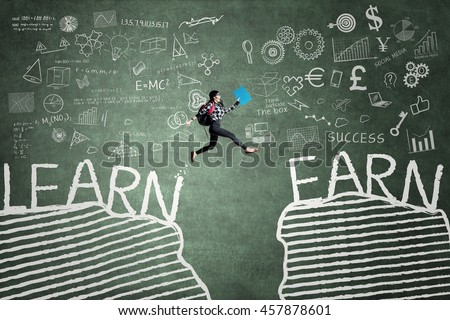 Picture of female high school student jumping on the chalkboard with text of Learn and Earn