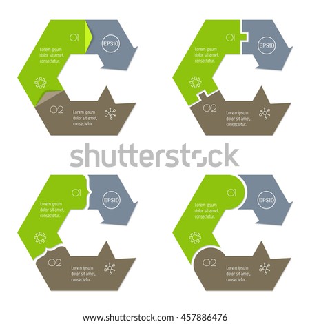 Set of 4 connected hexagonal infographic diagrams. Isolated arrow chart templates with 3 parts. Paper progress steps for tutorial with three options. Concept of sequence banners.