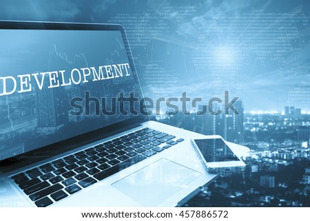 DEVELOPMENT : Grey computer monitor screen. Digital Business and Technology Concept.
