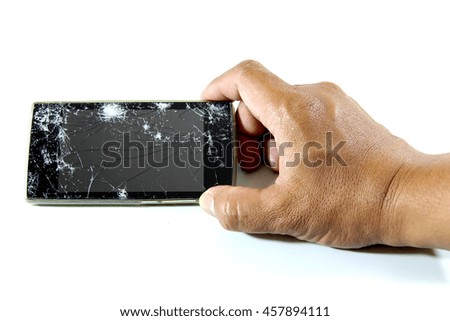 Cracked screen Smartphone in men's hands  isolated on white background.