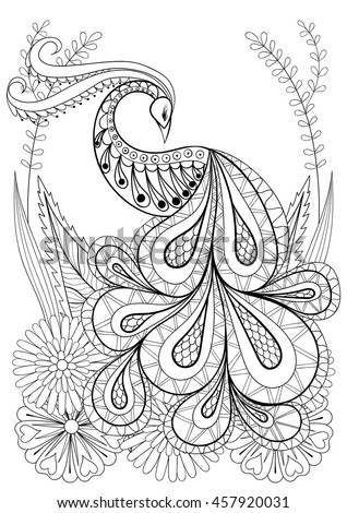 Zentangle stylized Peacock with flowers. Hand drawn ethnic animal for adult coloring pages, art therapy, boho t-shirt patterned print, posters, t-shirt. Vector isolated illustration. A4 size.
