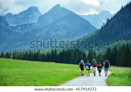 Young tourist walking in group together on beautiful natural road surrounded in green meadow and beautiful big mountains. Original touristic wallpaper. Royalty-Free Stock Photo #457954372