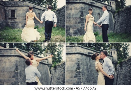 Four in one pictures of a couple posing in the front of an old wall