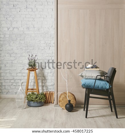 modern wooden wall interior with black chair and green flower