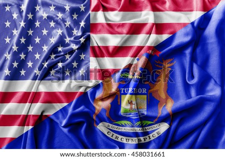 Ruffled waving United States of America and Michigan flag