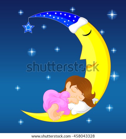 cute little girl sleeping on moon