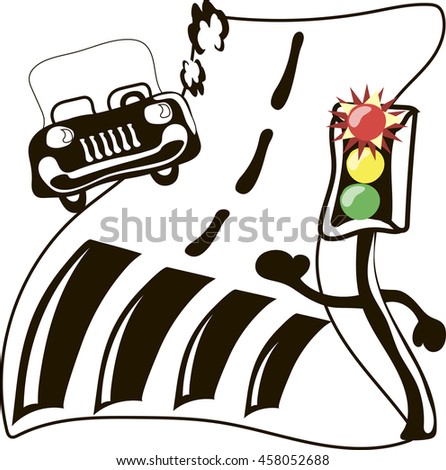 Shining traffic light and car in road. Cartoon vector illustration