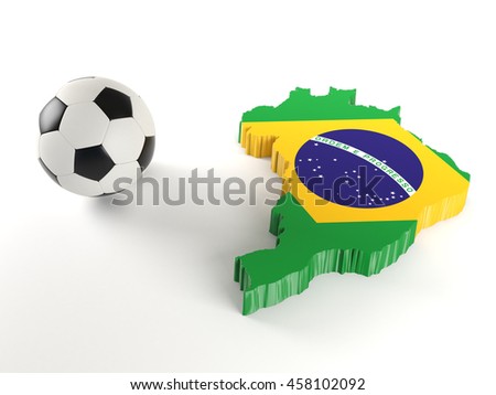 Real 3D shape map of Brazil in national flag colors on white background with soccer ball. Football sport game theme. High-resolution 3d illustration.