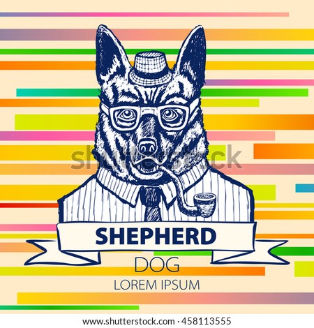 German dog Shepherd hipster smokes a pipe in a headdress Illustration vector art