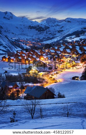 Evening landscape and ski resort in French Alps,Saint jean d'Arves, France  Royalty-Free Stock Photo #458122057