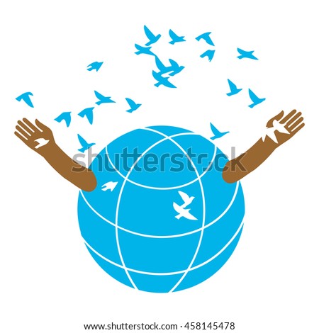 The globe produces birds. The globe opens the arms of the flock of birds. Logo. Illustration. A symbolic image of peace. Kindness and love.