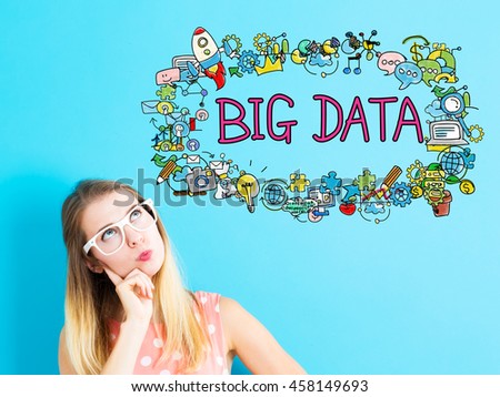 Big Data concept with young woman on blue background