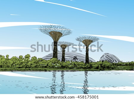 Singapore. Gardens by the Bay. Unusual perspective hand drawn sketch. City vector illustration