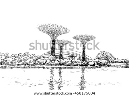 Singapore. Gardens by the Bay. Unusual perspective hand drawn sketch. City vector illustration