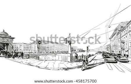 Russia. Saint Petersburg. Unusual perspective hand drawn sketch. City vector illustration