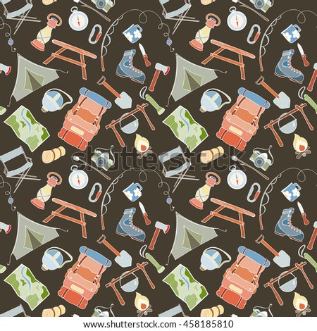 Seamless pattern of camping gear elements can be used for wallpaper, website background, wrapping paper. Hand drawn tourist illustration. Camping equipment vector collection. Hike outdoor elements