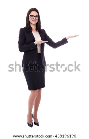 happy business woman presenting something isolated on white background